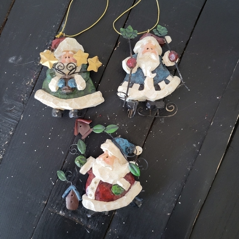 Whimsical Ornament Set of 3 Carved Santa Shabby Chic Metal Red Green Blue Coat